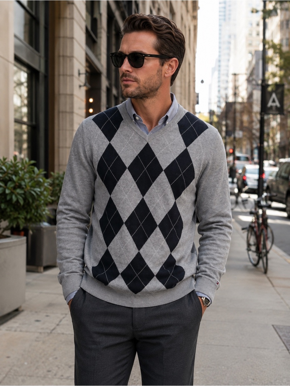 Tommy Hilfiger Classic Argyle V-Neck Sweater  | Large - EUC